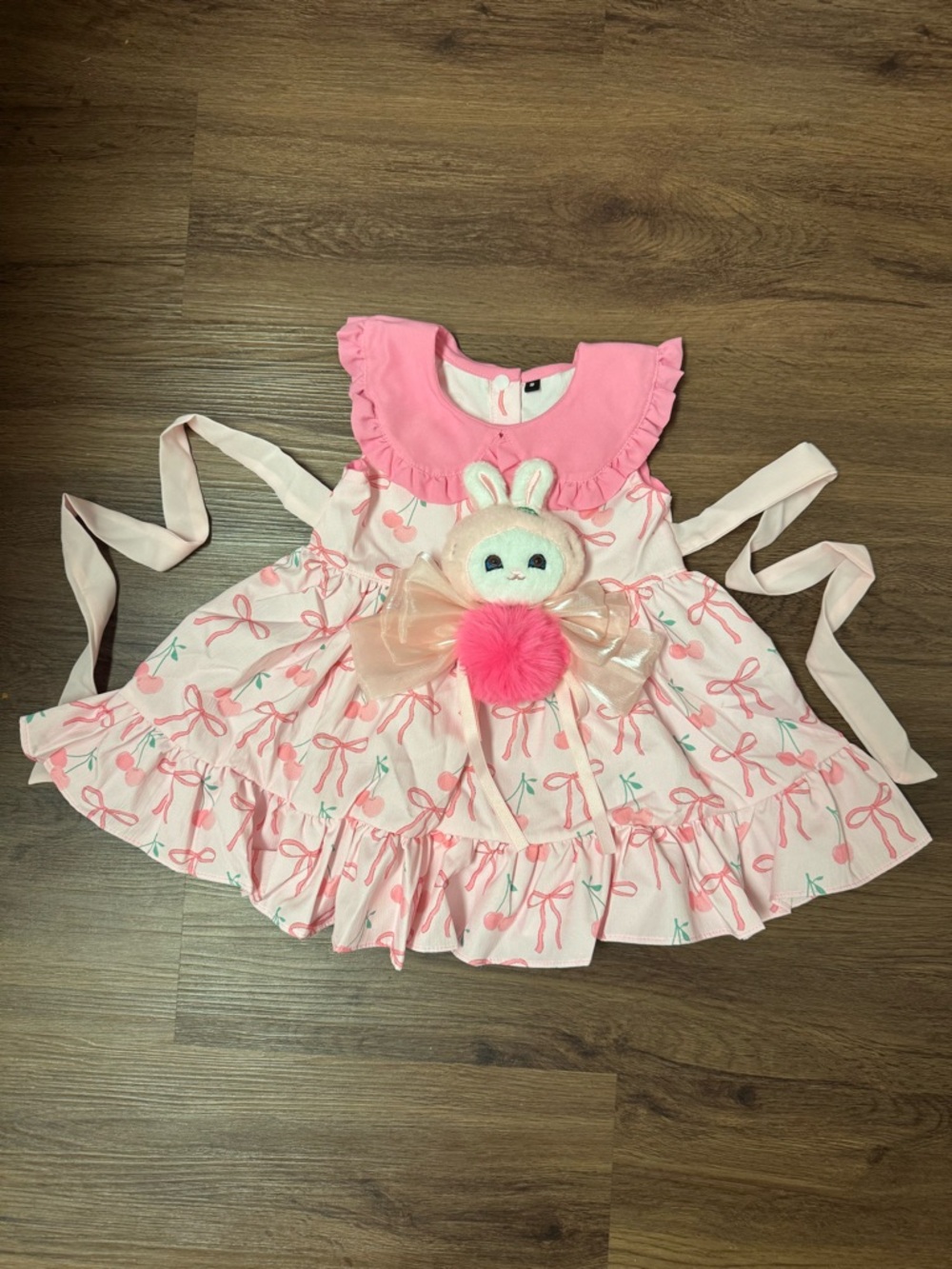 Pink Bow Print Girls' Dress with bunny Plush Accent